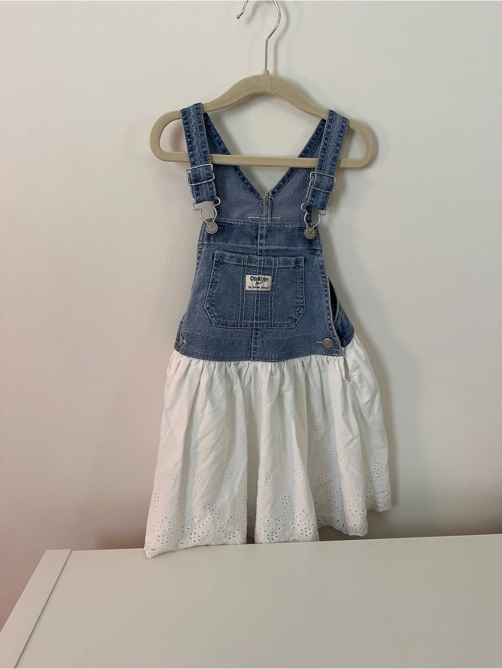 OshKosh B'gosh Denim Bib Overall Dress with White Eyelet Skirt